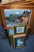 Assortment of Framed Pictures, Holographic Dog, et
