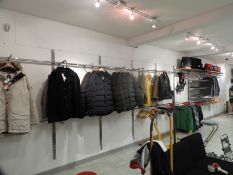 *Eighteen Polished Chrome Spur Wall Bracket with Sixteen Garment Hangers and Seven Timber Shelves