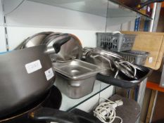 Shelf f Wooden Chopping Boards, Pans, Pan Lids and