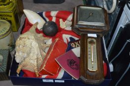 Tray Lot of Old Collectibles; Barometer, Shells, T