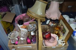 Two Boxes of Vases, Glassware, Framed Pictures, Pl