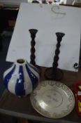 Pair of Old Oak Barley Twist Candlesticks, Pottery