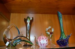 Seven Pieces of Murano Glass; Dolphins, Teapots, F