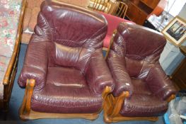 Pair of Burgundy Leather Wooden Framed Armchairs