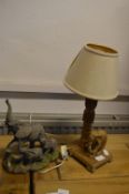 Carved Wooden Table Lamp with Elephants and Other