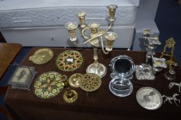 Assortment of Plated Candlesticks and Brassware, e