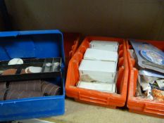 Five Red Storage Bins and a Small Blue Toolbox wit