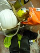 Box of Hard Hats, Overshoes, High Vis, etc.
