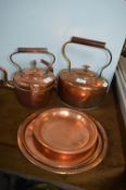Two Victorian Copper Kettles and Copper Trays