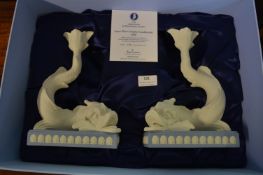 Boxed Wedgwood Jasperware Dolphin Candlesticks