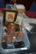 Large Tub of Collectibles Including Boxed Chess Sets, Glass Cake Stand, Railway Badges, etc.