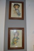 Two Oak Framed Fashion Plates Depicting Young Ladies with Flowers by Philip Boileau 1905