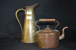 Victorian Copper Kettle and a Brass Jug