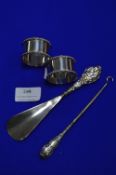 Silver Shoe Horn, Button Hook and Two Napkin Rings