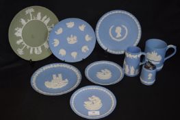 Nine Pieces of Wedgwood Jasperware; Plates, Tankard, etc.
