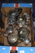 Box of Silver Plated Teapots, Candlesticks, etc.