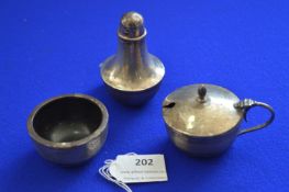 Silver Cruet Set; Pepper Caster, Mustard Pot and a Salt - Hallmarked Birmingham 1950, approx 106g to