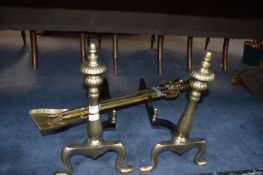 Pair of Brass Fire Dogs and Fire Irons