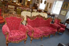 Carved Three Seat Sofa with Quilted Upholstery and Two Matching Armchairs