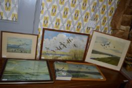 Five Framed Peter Scott 1950's Waterfowl Prints and Autobiography 