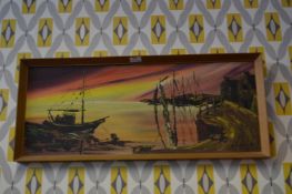 Oil on Board by K. Sutton 1970 - Harbourside Scene