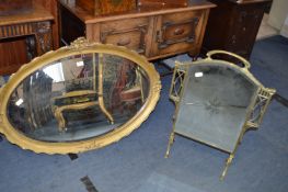 Gilt Framed Oval Bevelled Edge Wall Mirrors and a Mirrored Brass Firescreen