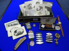 Wooden Box Containing Assorted Collectibles, Medals, Postcards, etc.