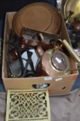 Box of Brassware Including Kettles, Scales, and Copper Pans, etc.