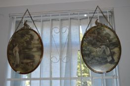 Pair of Brass Oval Framed Edwardian Prints - Ladies in a Garden