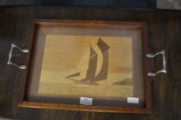 Inlaid Marquetry Glass Topped Tray - Sailing Ship