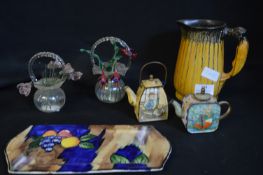 Small Collection of Decorative Items Including Glass Flowers, Enameled Miniature Teapots, etc.