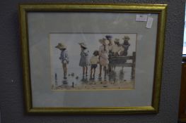Framed Watercolour - Children Paddling by C. Van Godhem