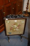 Carved Mahogany Fire Screen with Embroidered Panel of Summer Flowers