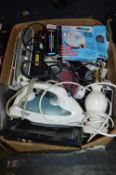 Box of Radios, Irons, Lamp Bases, etc.