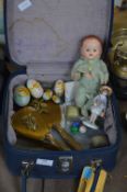Vintage Suitcase Containing Collectibles, Dolls, e