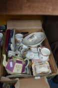 Box of Teapots, Commemorative Mugs, etc.