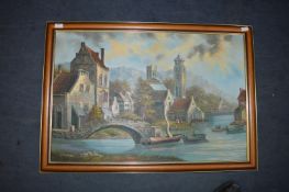 Oil on Canvas - Continental River Scene by K. Pelonie