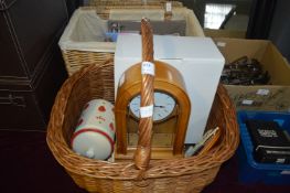 Two Baskets Containing Mantel, Clocks, Storage Jar