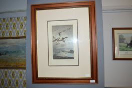 Framed Etching of Ducks in Flight