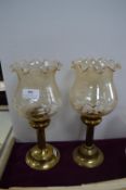 Two Brass Candle Lamps and Shades