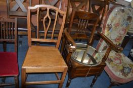 Oak Hall Chair, Commode & Beveled Circular Mirror