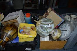 Two Boxes of Household Goods; Clocks, Lamps, Vases