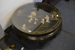 Chinese Black Lacquered Tea Table with Glass Top a