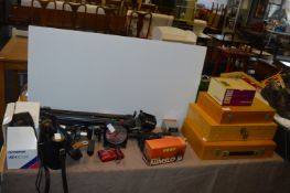 Assorted Photography Equipment, Tripods, Slide Box