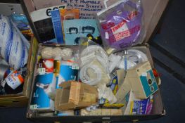 Case of Assorted Tools, Cables, LIght Bulbs, etc.