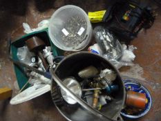 Stainless Steel Bucket, Tub of Screws, Battery Cha