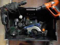 Box of Hand Tools Including Drills, Circular Saw,