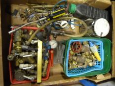 Box of Assorted Brass Pipe Fittings, Taps, Nail Gu