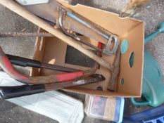 Box of Tools Including Pick, Saws, Watering Can, e