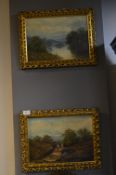 Pair of Gilt Framed Oil on Canvas - Fishing Scenes
